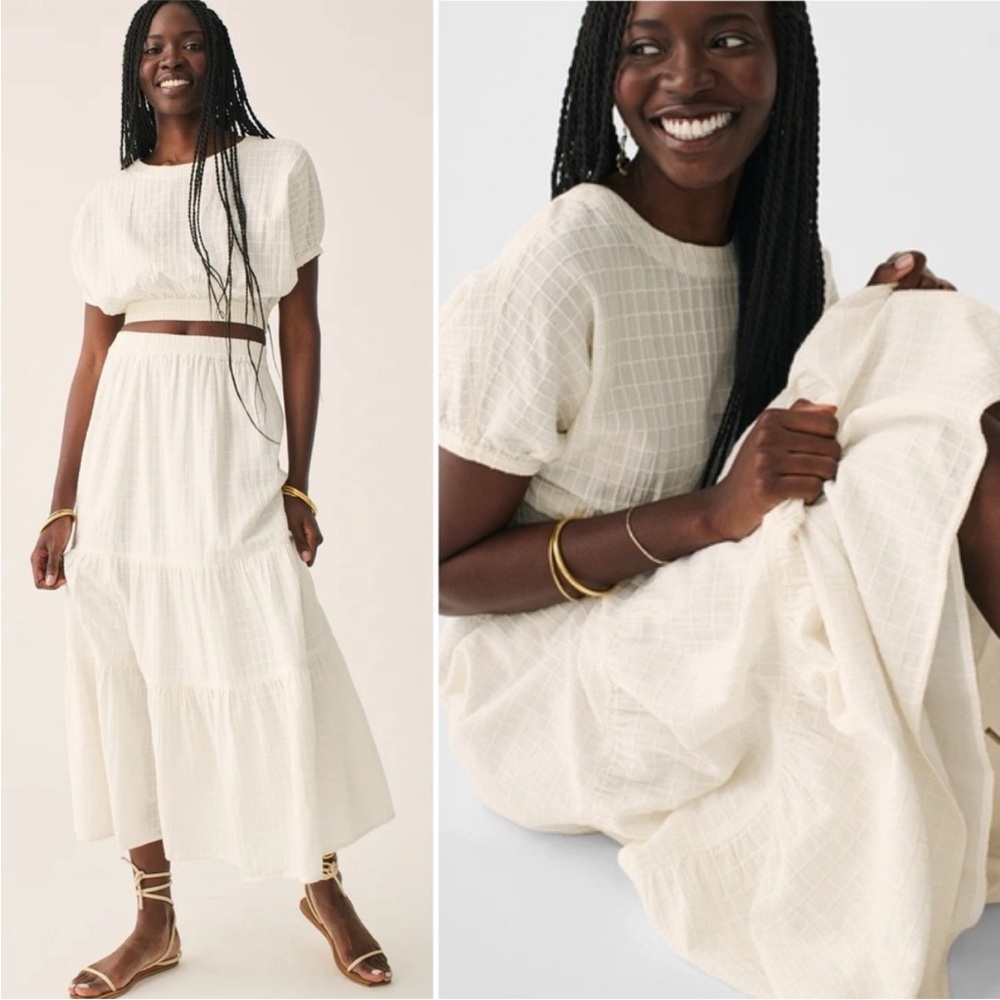 Faherty Cala Cotton Windowpane Textured Crop Top and Skirt Set Medium